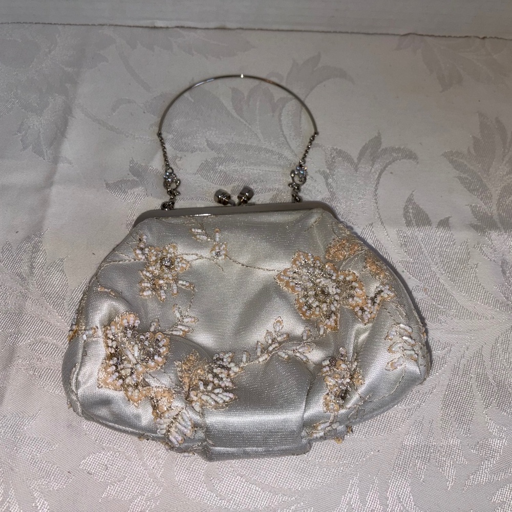 Japanese Satin Beaded Clutch Evening Bag Floral Embroidery